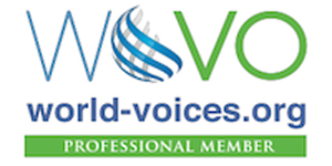 Logo for world-voices.org featuring a stylized blue and white globe and the text PROFESSIONAL MEMBER.