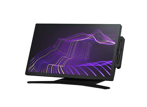 A black digital drawing tablet displaying a purple and yellow wavy line pattern on a white background.