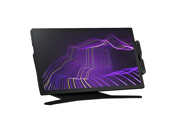A black digital drawing tablet displaying a purple and yellow wavy line pattern on a dark background.