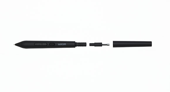 A black Wacom digital stylus shown disassembled into its main body, a connector, and a cap.