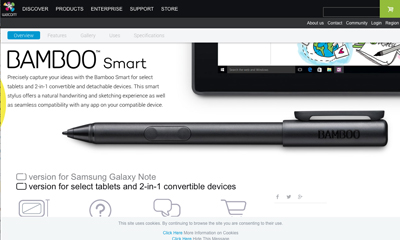 Webpage for Bamboo Smart stylus showing the product next to a tablet and text options.