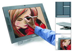 A person in a blue sleeve uses a stylus to draw a colorful portrait on a large digital graphics tablet.