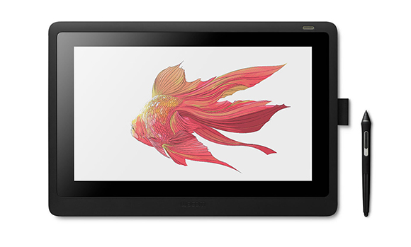 A black digital drawing tablet showing a red goldfish illustration with a black stylus to the right.