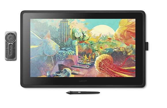 A black Wacom pen display showing colorful fantasy art, accompanied by a stylus and a remote control.