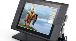 A black digital graphics tablet displaying a colorful character illustration on its screen.