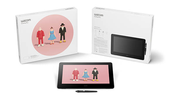 Two Wacom Cintiq Pro boxes next to an active pen display showing an illustration of three figures.
