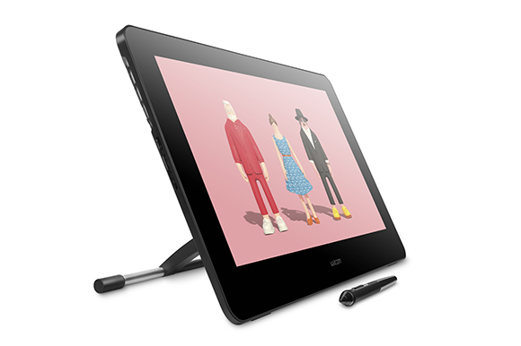 A black tablet on a kickstand displaying an illustration of three stylized figures against a pink background.