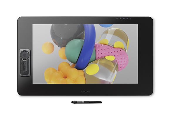 A black Wacom pen display with a stylus below it, showing colorful 3D abstract shapes on the screen.
