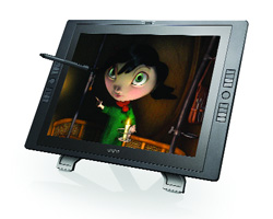 A black digital tablet on a stand displaying a cartoon girl with large green eyes and black hair.
