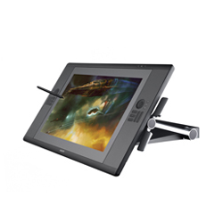 A black digital graphics tablet displaying colorful artwork, angled on a stand with a stylus resting on the screen.