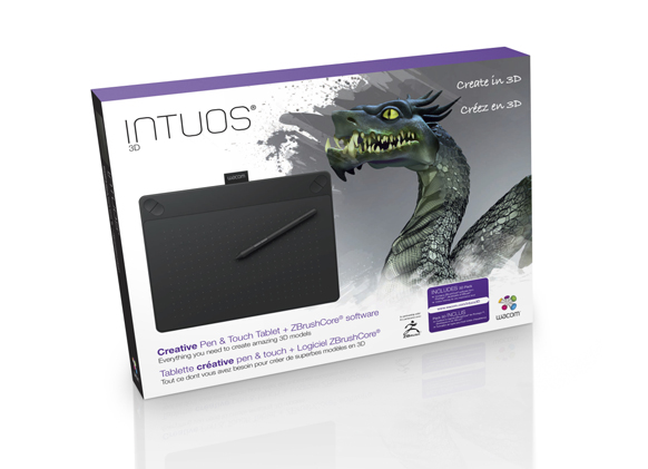 Product box for Wacom Intuos 3D featuring a digital tablet and a 3D rendered dragon.