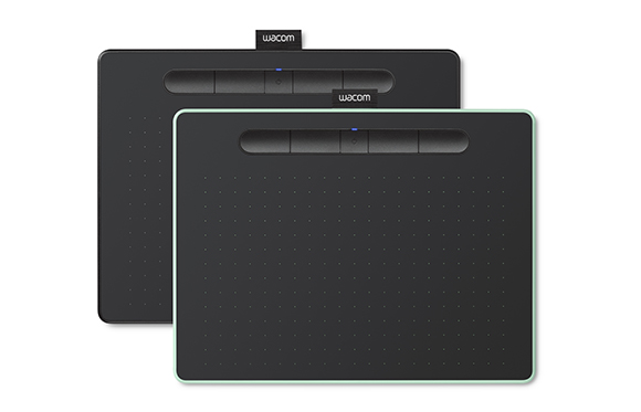 Two black Wacom rectangular graphics tablets with small buttons and a grid pattern on the surface.