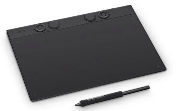 A black rectangular graphics tablet with four circular control dials and a black stylus resting below it.