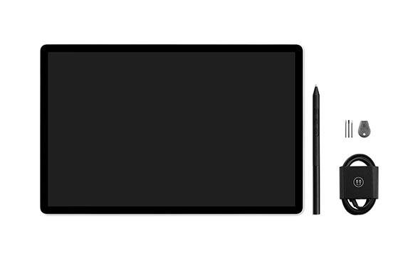 A black tablet, a stylus, two small pins, a small adapter, and a coiled black cable on a white background.