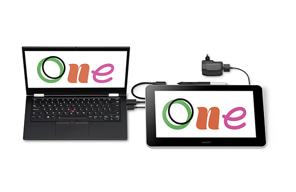 A black laptop and a tablet connected by cables, both showing the word 'One' in colorful letters.