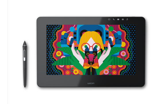 A black Wacom pen display tablet showing colorful digital art next to a black stylus.