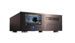 A black rectangular electronic media player with a small display screen and a disc tray.