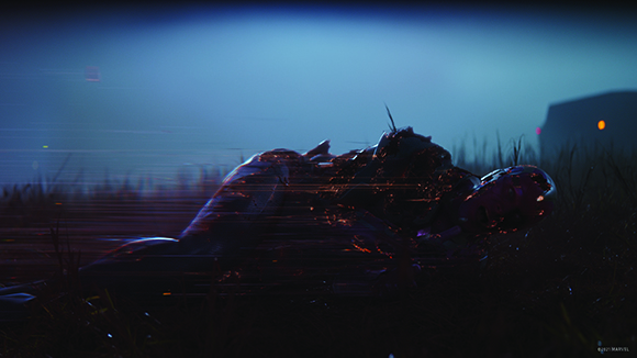 A dark, glitchy silhouette of a figure lying in tall grass under a deep blue twilight sky.