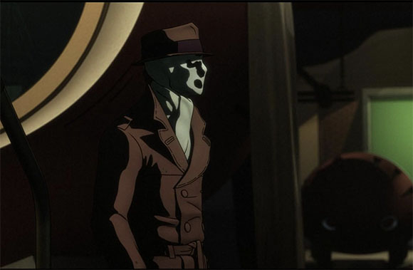 Animated character wearing a dark hat, trench coat, and a mask with white spots.