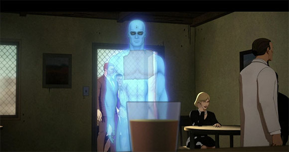 A translucent blue holographic humanoid figure stands in a room near a seated woman and a man in a white coat.