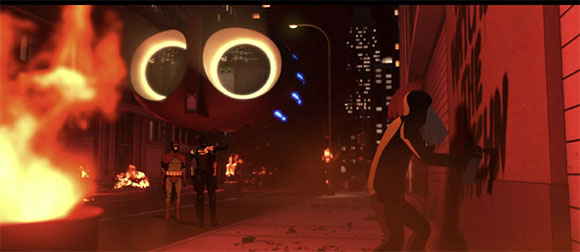 Night city street with a large glowing eye-shaped object, fire, and silhouettes of people.