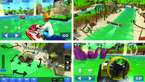 Four screenshots of a colorful tropical-themed mobile racing game featuring jet skis and boats.