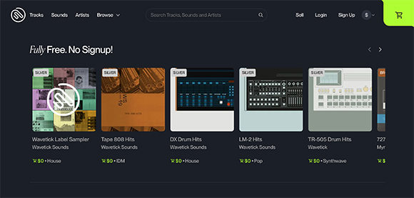 Website interface showing multiple rectangular tiles for music sample packs like Tape 808 Hits and DX Drum Hits.