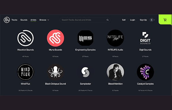 A website interface showing circular artist logos for Wavetick Sounds, Myna Sounds, and others on a dark background.
