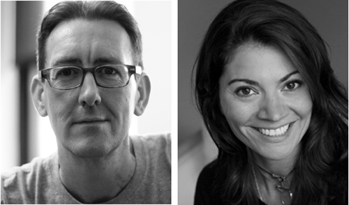 Black and white headshots of a man wearing glasses and a smiling woman with long dark hair.