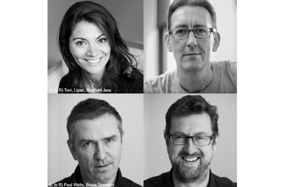 Four black and white portrait headshots of two women and two men.