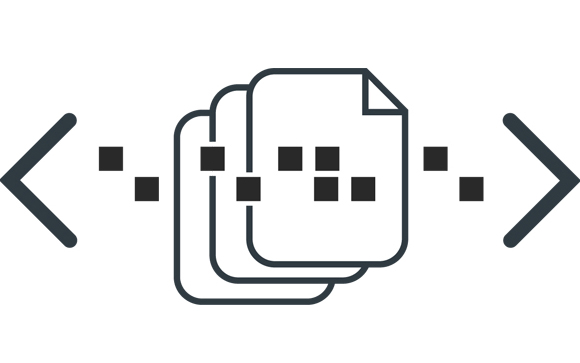 Line icon of three stacked document pages flanked by left and right angle brackets.