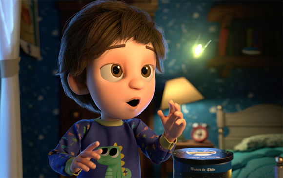 Animated young boy with brown hair looking wide-eyed at a bright glowing spark in a dimly lit bedroom.