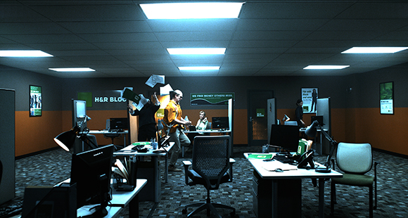 Papers fly through the air in a dimly lit H&R Block office where employees work at desks.