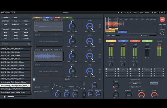 A digital audio workstation interface with various sliders, knobs, waveforms, and sound library lists.