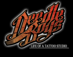 Stylized red and orange text reading 'Needle Boys' with 'LIFE OF A TATTOO STUDIO' underneath on a black background.