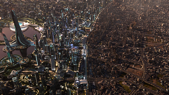 Aerial view of a futuristic city with glowing skyscrapers next to a dark, densely packed traditional urban area.