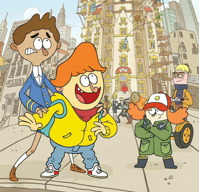 Four animated characters stand on a city street with tall buildings in the background.