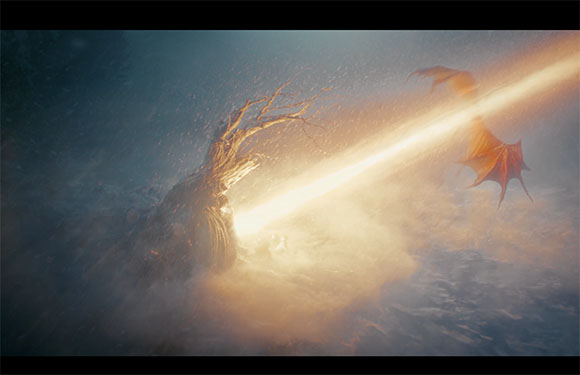 A bright streak of light strikes a large, twisted tree and a winged creature in a dark, misty environment.