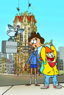 Two cartoon characters look surprised at a mechanical bird perched on a briefcase in a city.