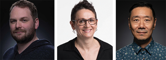 Three portrait headshots of a man with a beard, a woman with glasses, and a man in a patterned shirt.