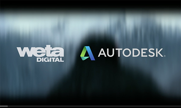 Weta Digital and Autodesk logos displayed against a blurred, dark blue and grey background.