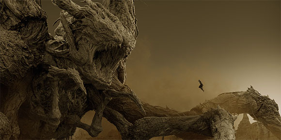 A giant, rocky, dragon-like creature with sharp teeth towers over a tiny person falling in a hazy, sepia landscape.