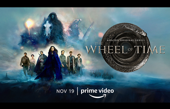 Characters from The Wheel of Time stand against a misty, fantasy landscape with a large circular emblem.