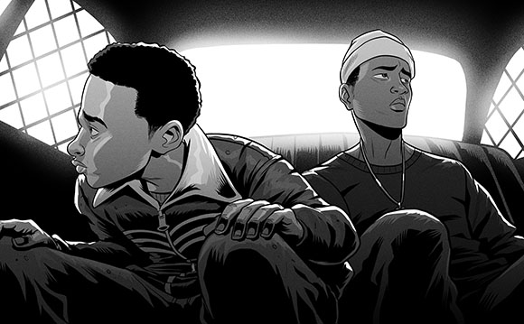 Black and white illustration of two young men sitting in the backseat of a vehicle looking in different directions.