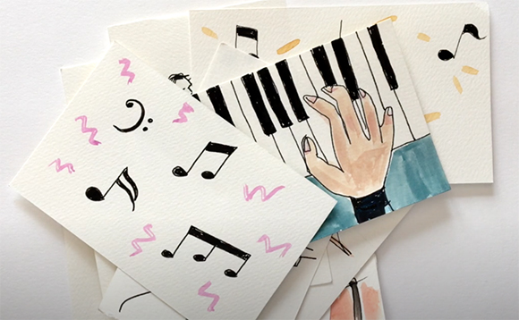 Watercolor and ink drawings of piano keys, musical notes, and a hand playing a keyboard.