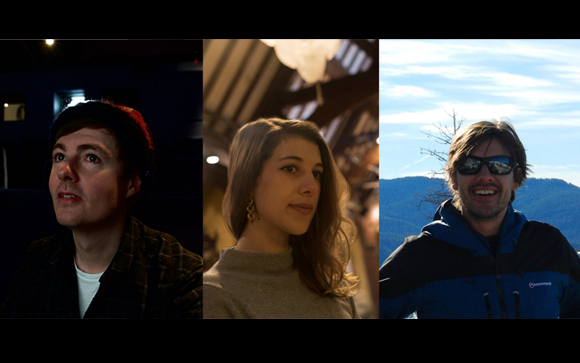 Three portraits: a man looking up in low light, a woman in a warm interior, and a man smiling outdoors.