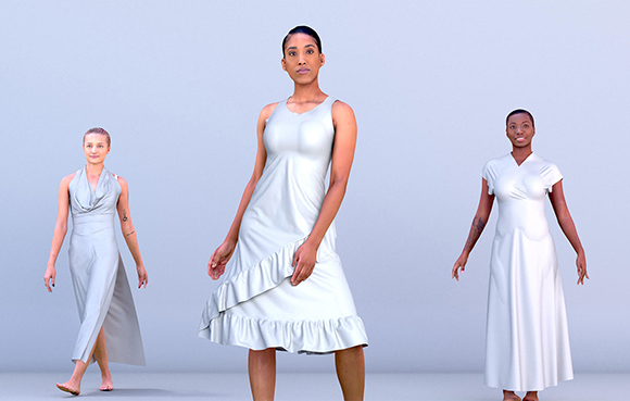 Three women standing in various white sleeveless dresses against a plain light gray background.