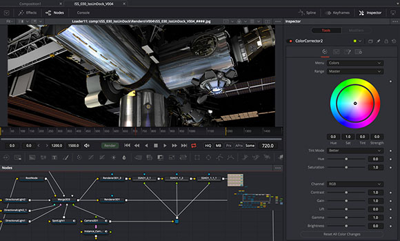 A video editing software interface showing a 3D render of a spacecraft and color correction tools.
