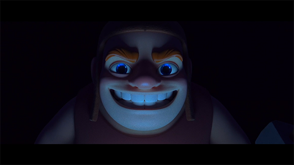 A close-up of a wide-smiling animated character with large blue eyes and orange eyebrows in low light.