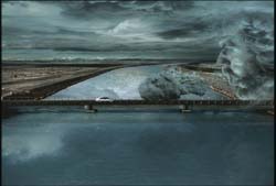 A white car crosses a bridge under a dark, stormy sky with large, swirling clouds.